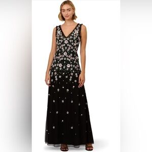 Adrianna Papell Black Maxi Dress with Pink and White Floral Embroidery